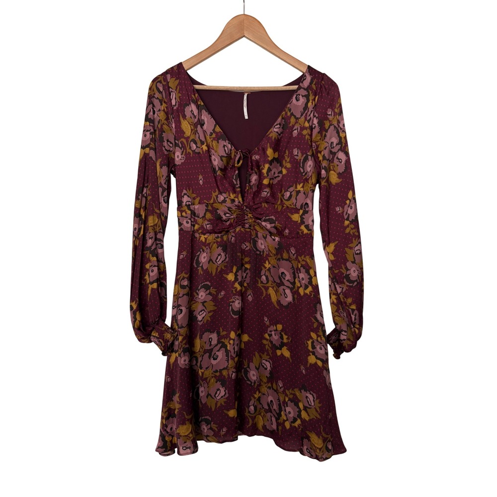 Free People Whimsigoth Burgundy Floral Polka Dot Smocked Waist Mini Dress Sz 8